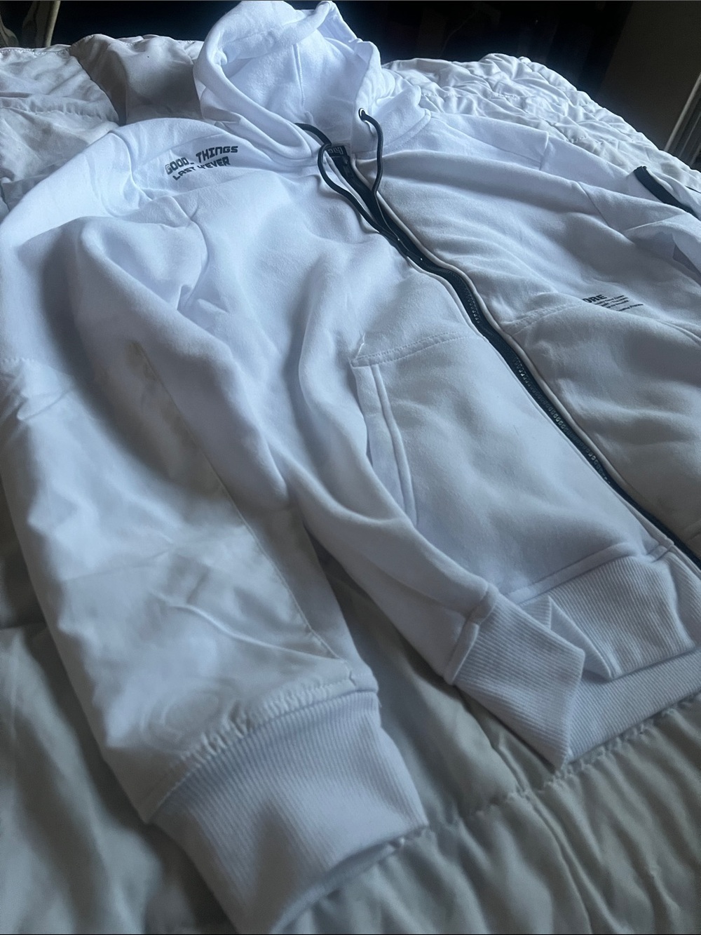 Men’s White Good Things Last Forever Zip Up Hoodie View 6